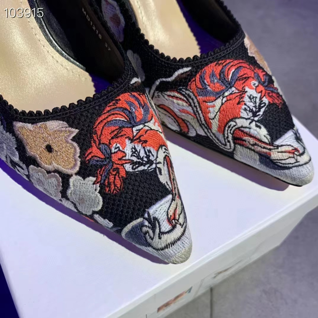 Dior Women CD J’Adior Slingback Pump Black Multicolor Embroidered Cotton Toile De Jouy Pop