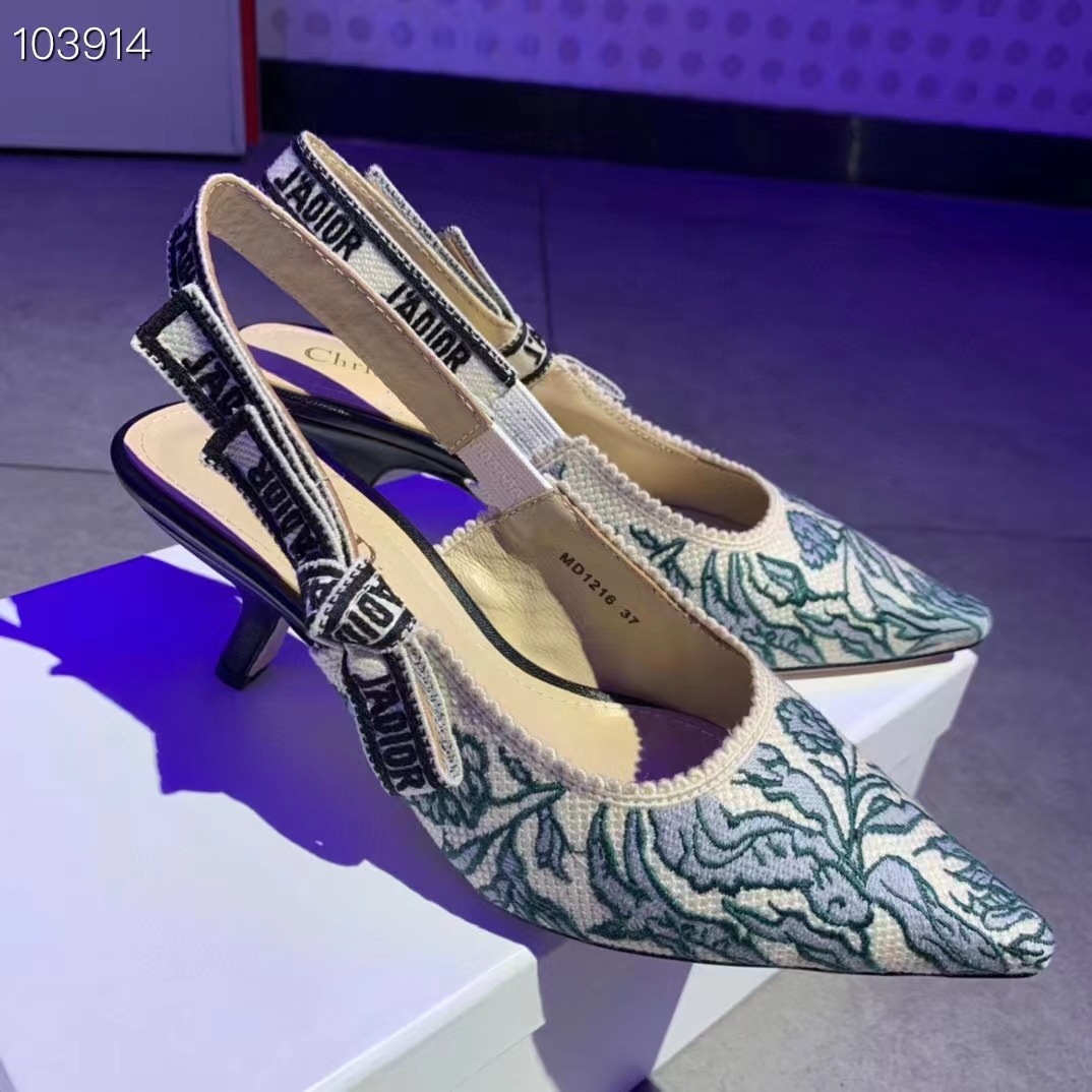 Dior Women CD J’Adior Slingback Pump Duck Blue Brocart Embroidered Cotton Metallic Thread