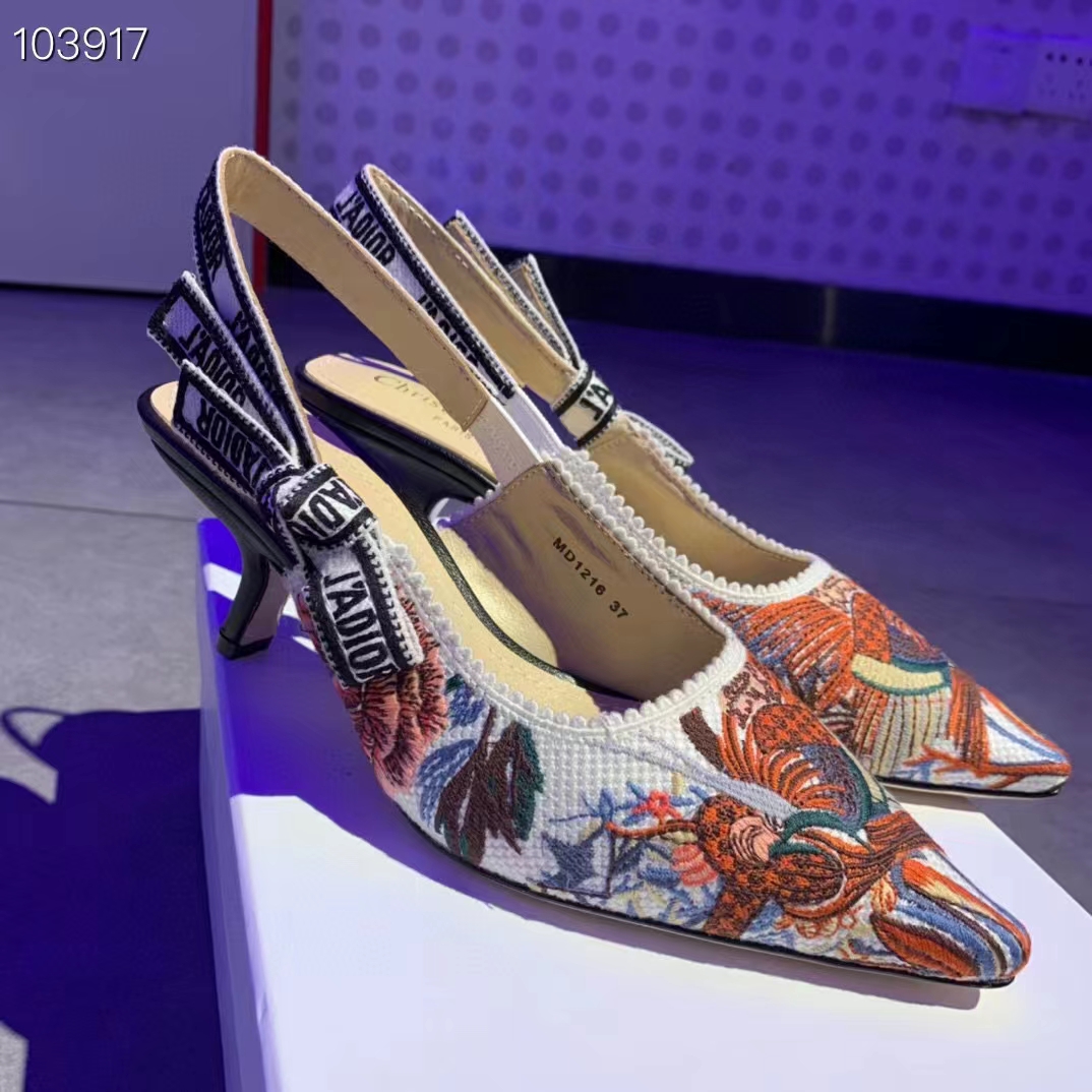 Dior Women CD J’Adior Slingback Pump White Multicolor Jardin D’Hiver Embroidered Cotton