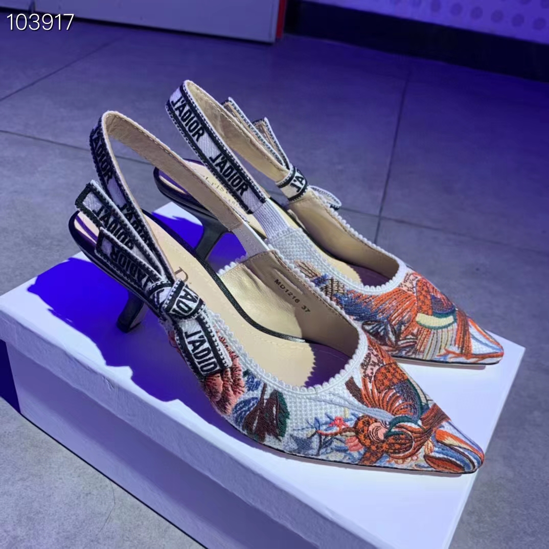 Dior Women CD J’Adior Slingback Pump White Multicolor Jardin D’Hiver Embroidered Cotton
