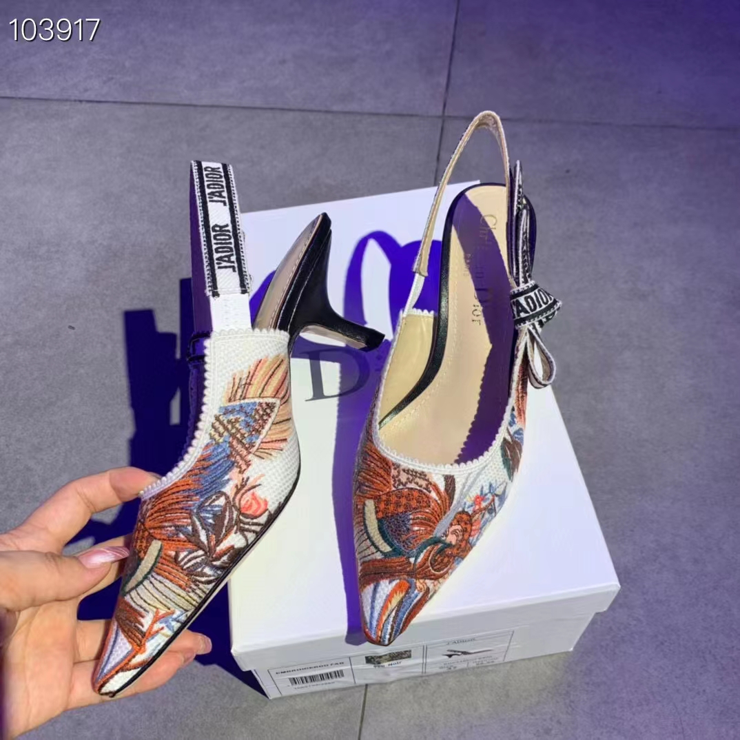 Dior Women CD J’Adior Slingback Pump White Multicolor Jardin D’Hiver Embroidered Cotton