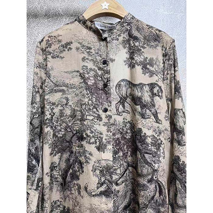 Dior Men CD Long Blouse Hazelnut Cotton Voile Toile de Jouy Motif