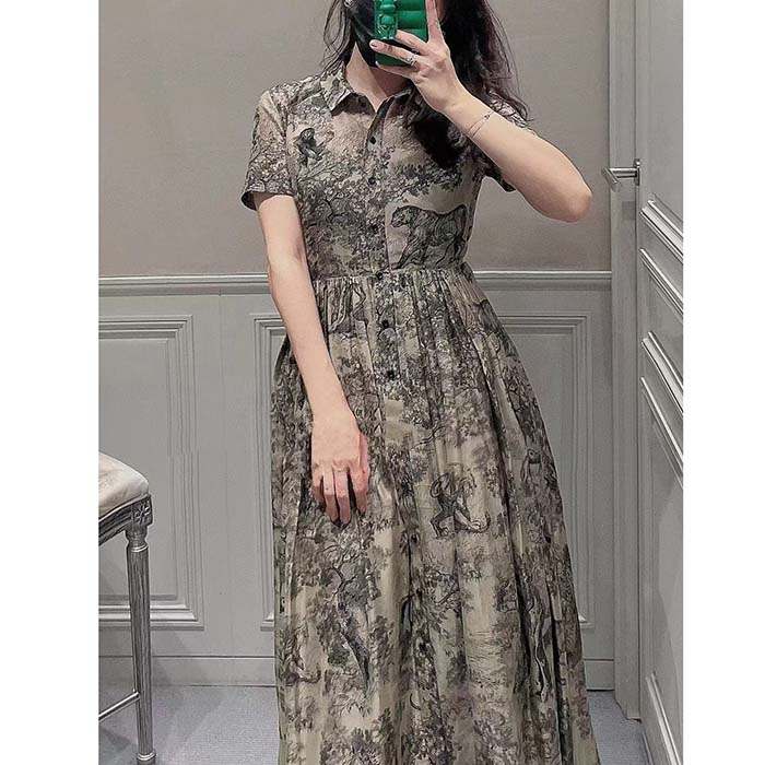 Dior Women CD Shirt Dress Hazelnut Cotton Voile Toile De Jouy Motif