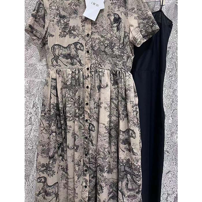 Dior Women CD Shirt Dress Hazelnut Cotton Voile Toile De Jouy Motif