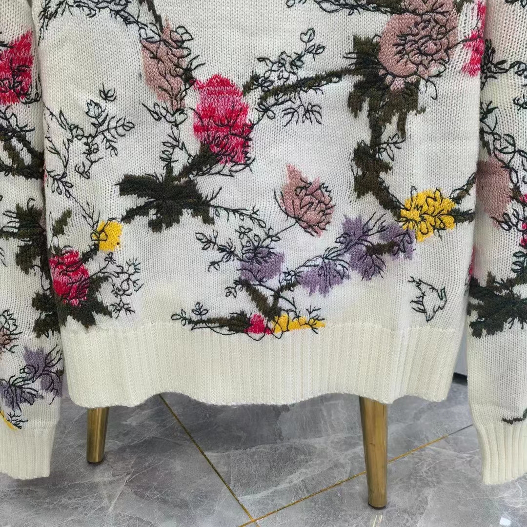Dior Men CD Sweater Ecru Cashmere Knit Multicolor Dior Jardin Botanique Motif