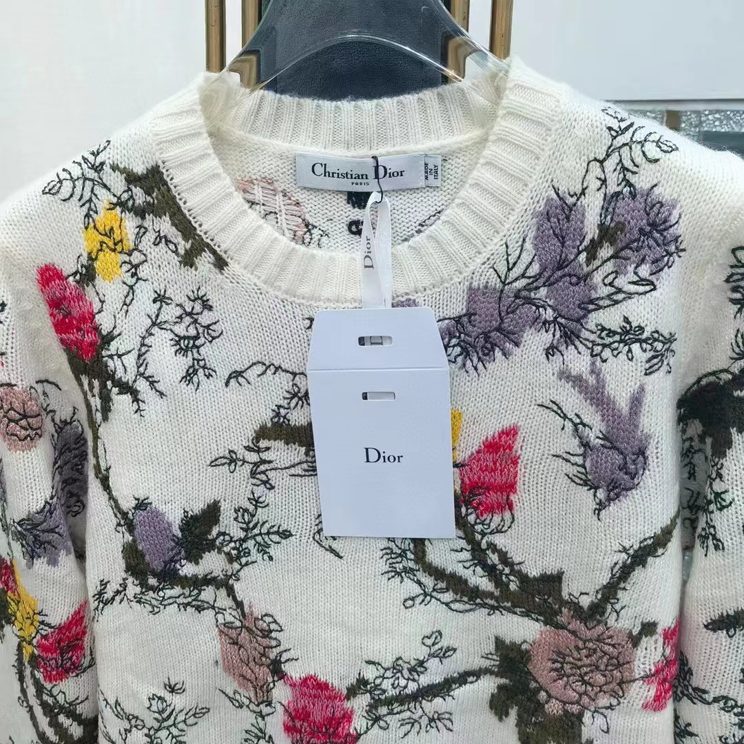 Dior Men CD Sweater Ecru Cashmere Knit Multicolor Dior Jardin Botanique Motif