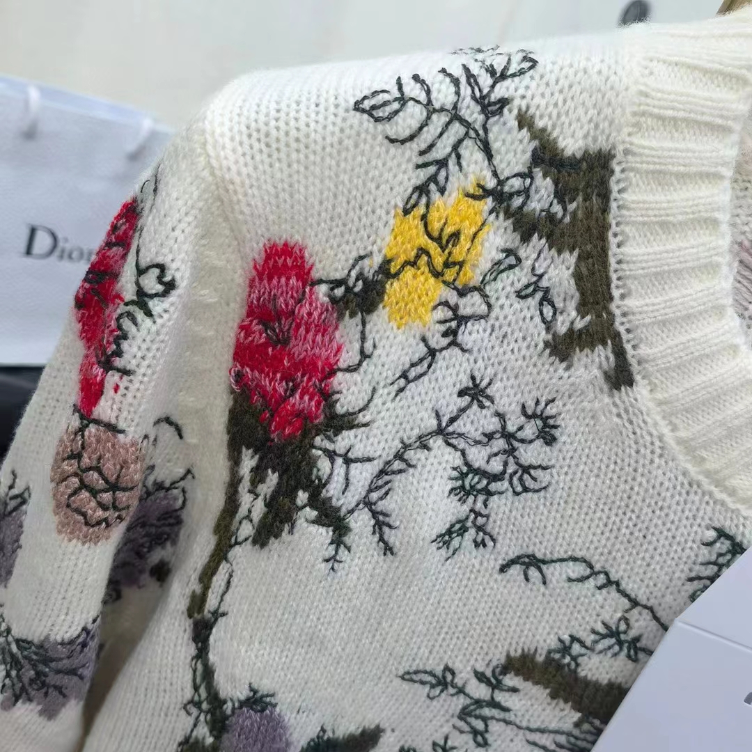 Dior Men CD Sweater Ecru Cashmere Knit Multicolor Dior Jardin Botanique Motif