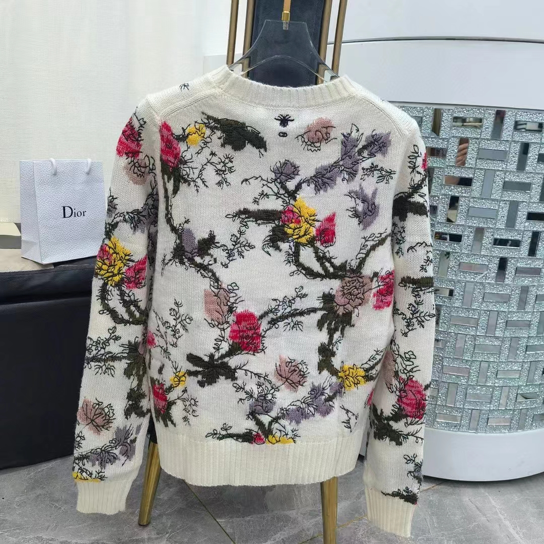 Dior Men CD Sweater Ecru Cashmere Knit Multicolor Dior Jardin Botanique Motif