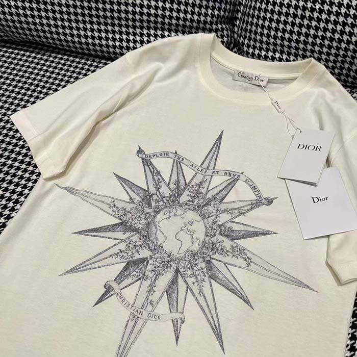 Dior Men CD T-Shirt Ecru Cotton Jersey Linen Blue Rêve D’Infini Motif