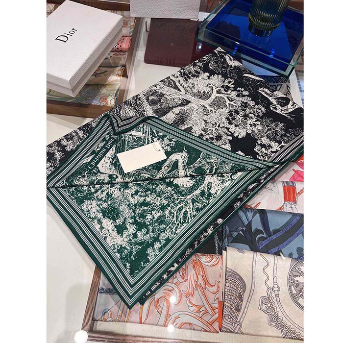Dior Women CD Toile De Jouy Sauvage Square Scarf Navy Blue Ivory Silk Twill