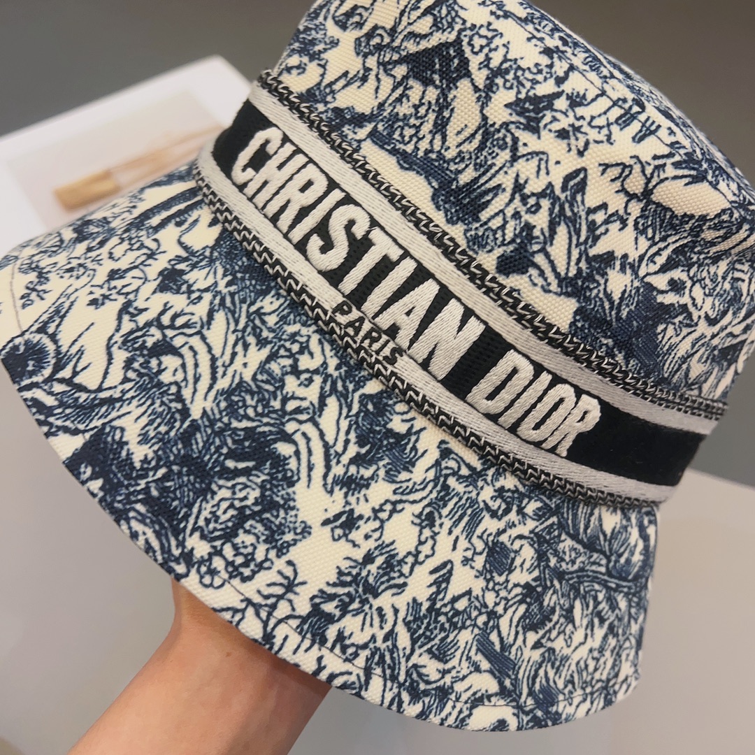 Dior Women CD Toile de Jouy Sauvage Small Brim Bucket Hat Vory Fluorescent Blue Technical Fabric