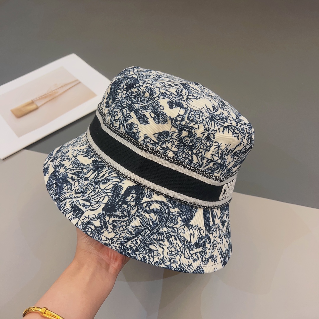 Dior Women CD Toile de Jouy Sauvage Small Brim Bucket Hat Vory Fluorescent Blue Technical Fabric