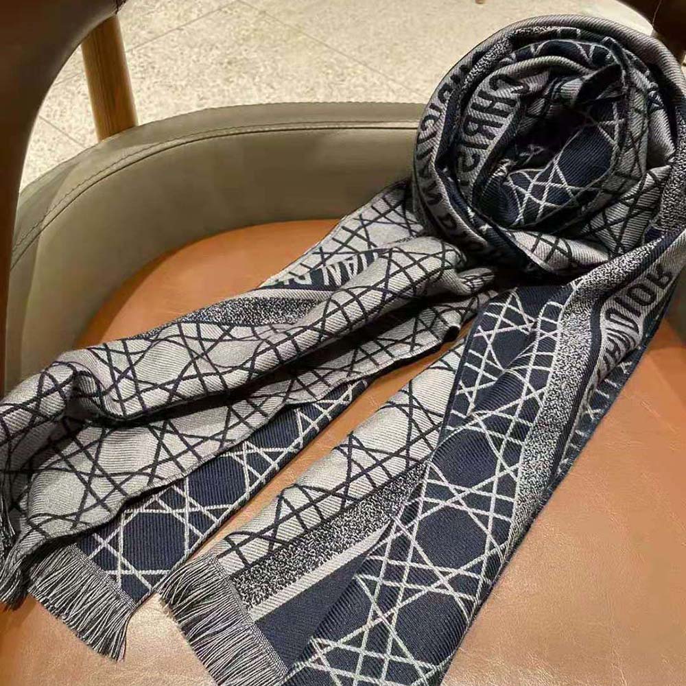 Dior Unisex Cannage Scarf Navy Blue and Gray Cashmere and Virgin Wool