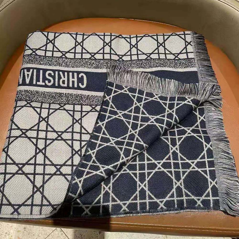 Dior Unisex Cannage Scarf Navy Blue and Gray Cashmere and Virgin Wool