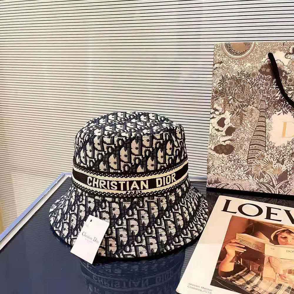 Dior Women D-Oblique Small Brim Bucket Hat Navy Blue Cotton