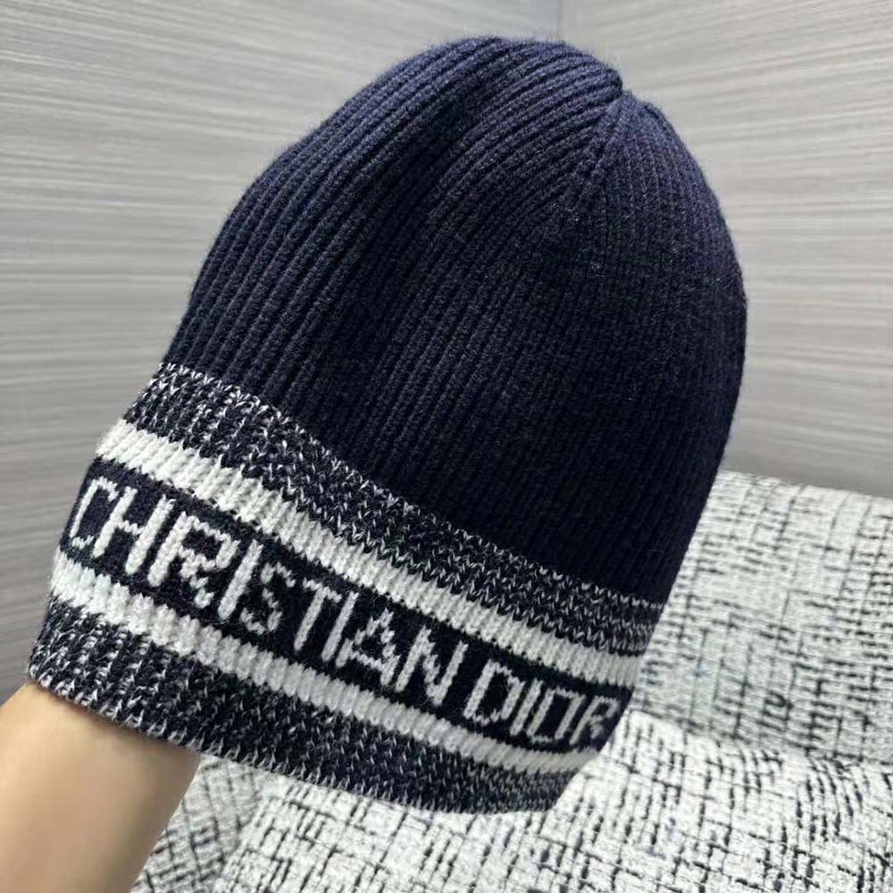 Dior Women D-White Beanie Black and Ivory Virgin Wool and Cashmere