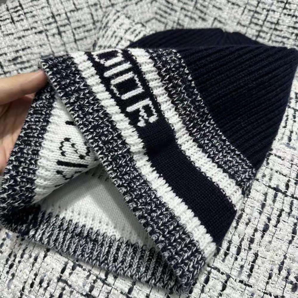 Dior Women D-White Beanie Black and Ivory Virgin Wool and Cashmere