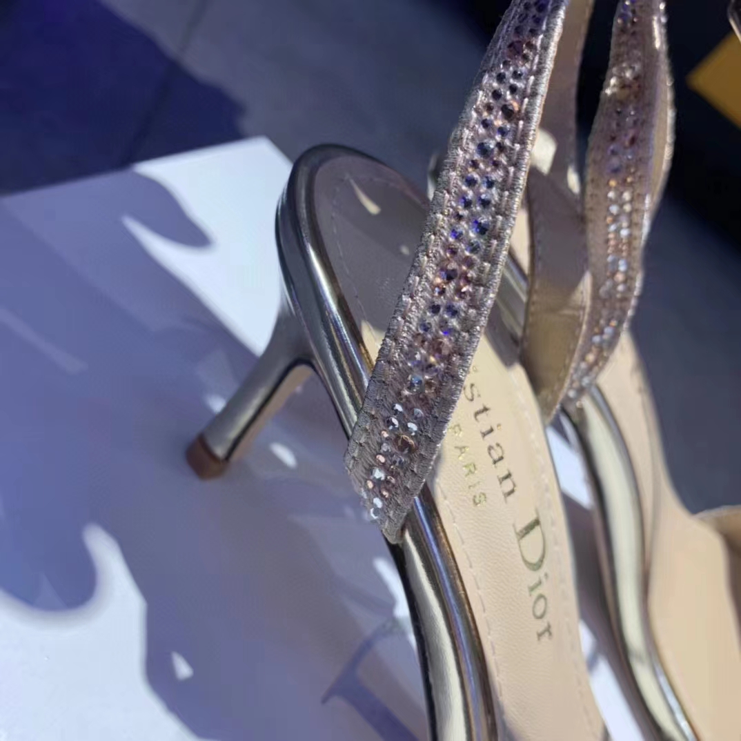 Dior Women Dway Heeled Sandal Rose Des Vents Cotton Embroidered Metallic Thread Strass