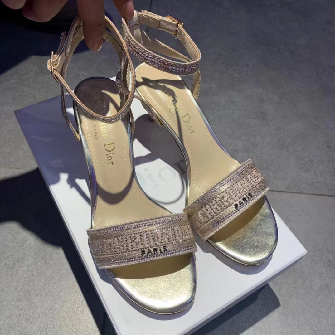 Dior Women Dway Heeled Sandal Rose Des Vents Cotton Embroidered Metallic Thread Strass