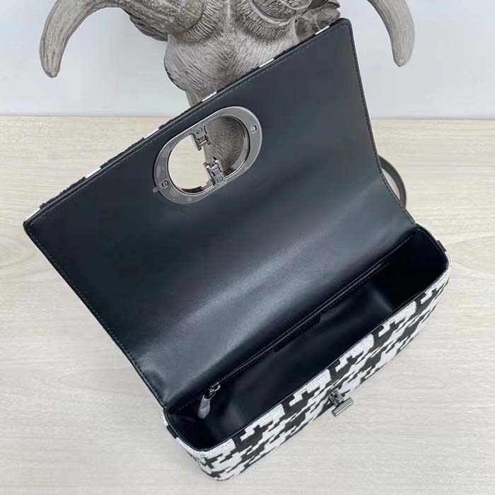 Dior Women Medium Dior Caro Bag Black White Macro Houndstooth Fabric
