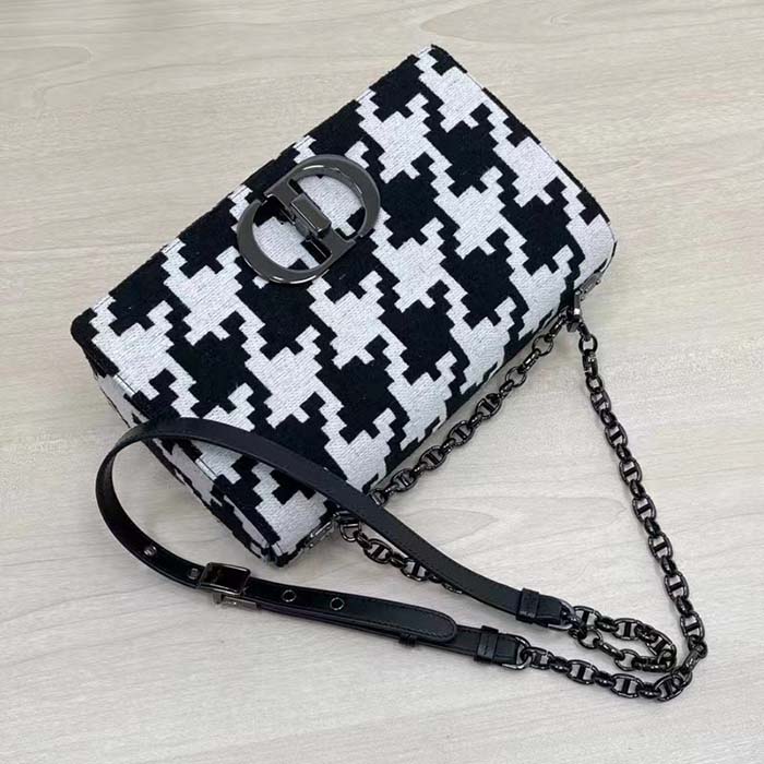 Dior Women Medium Dior Caro Bag Black White Macro Houndstooth Fabric