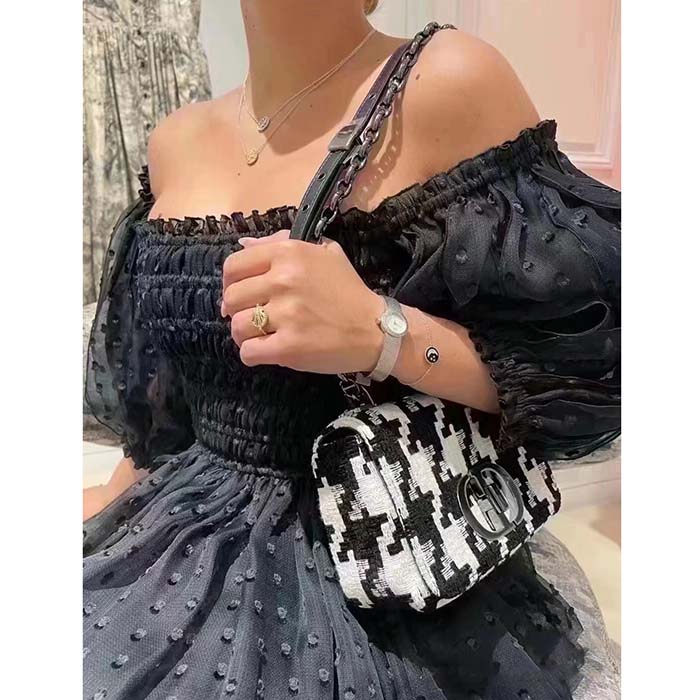 Dior Women Medium Dior Caro Bag Black White Macro Houndstooth Fabric