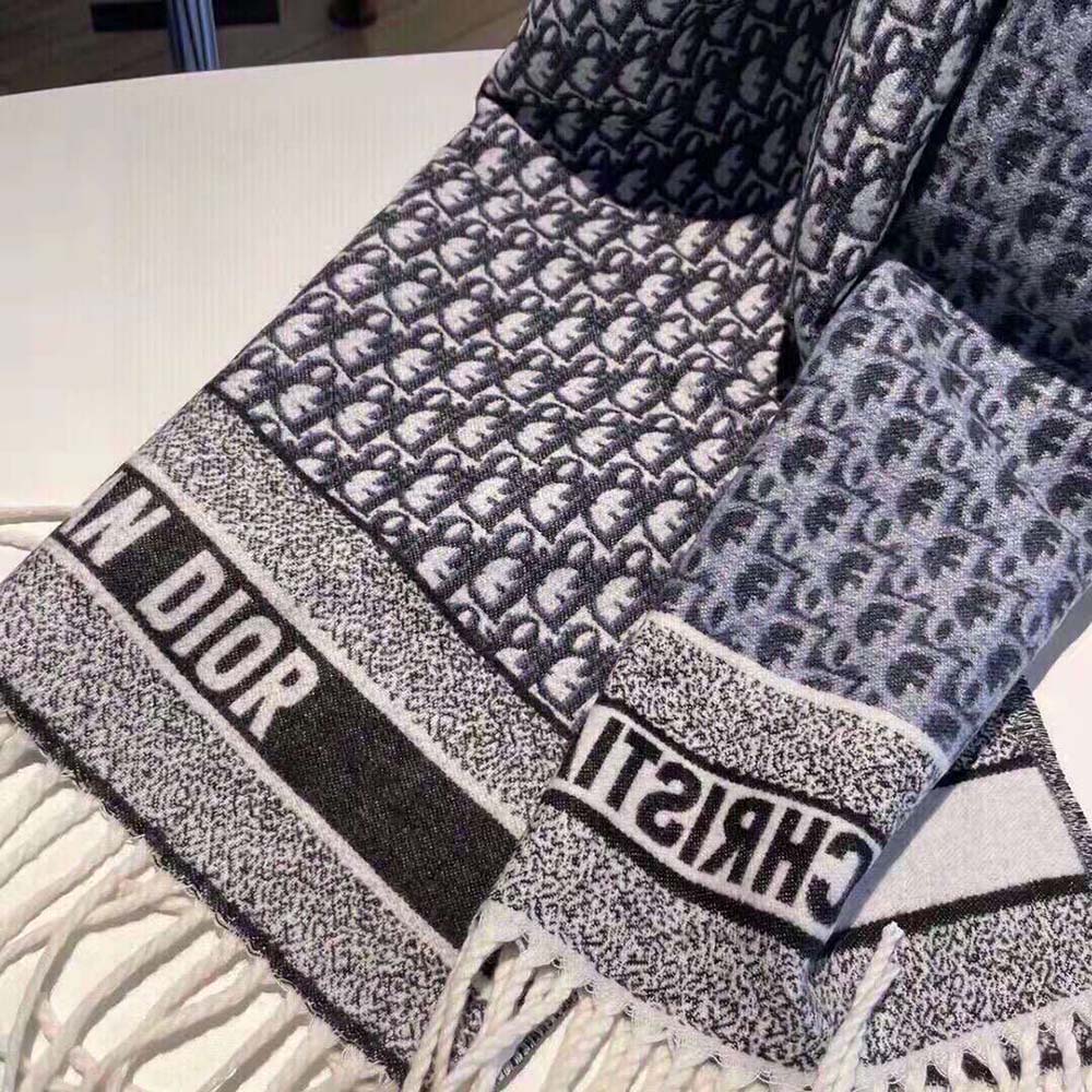 Dior Women Oblique Scarf Navy Blue Cashmere