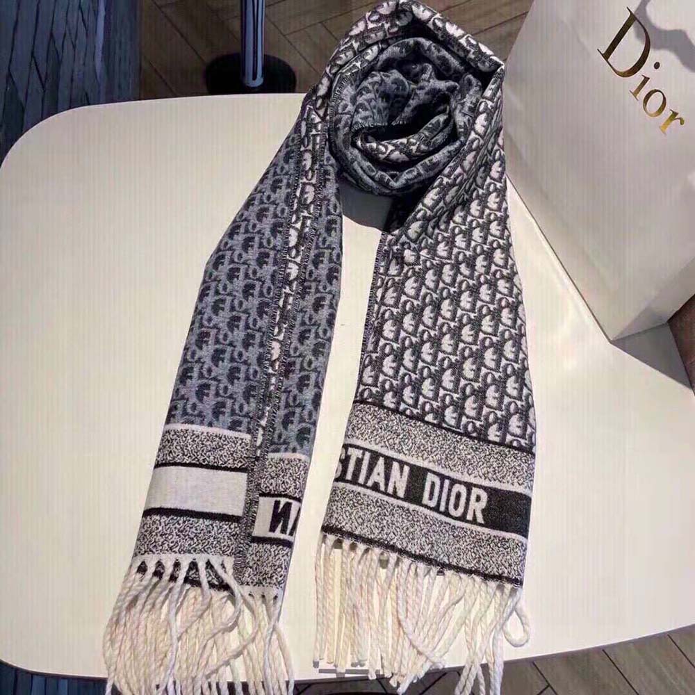 Dior Women Oblique Scarf Navy Blue Cashmere