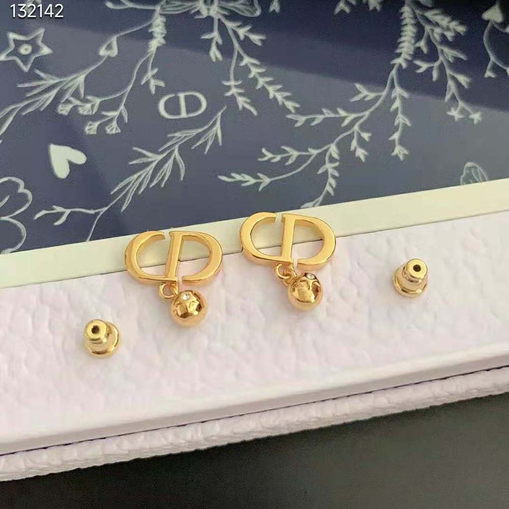 Dior Women Petit CD Earrings Gold-Finish Metal and White Crystals