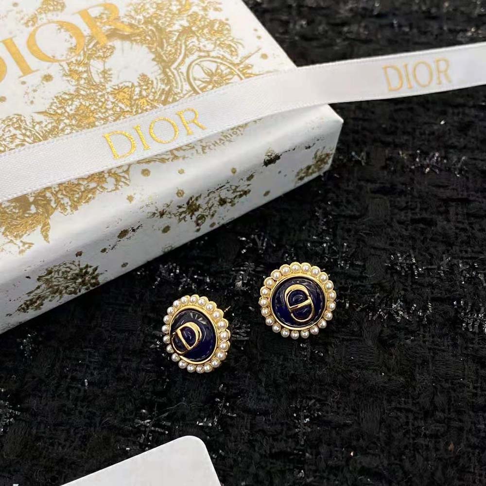 Dior Women Petit CD Studs Earrings Gold-Finish Metal and White Resin Pearls with Black Glass