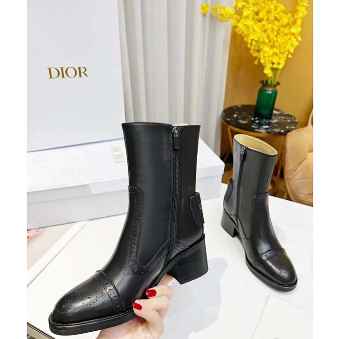 Dior Women Shoes CD D-Folk Heeled Ankle Boot Black Perforated Calfskin 4.5 Cm Heel