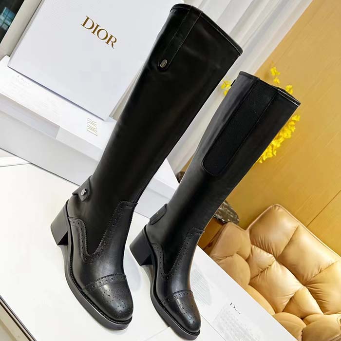 Dior Women Shoes CD D-Folk Heeled Boot Black Perforated Calfskin 4.5 Cm Heel