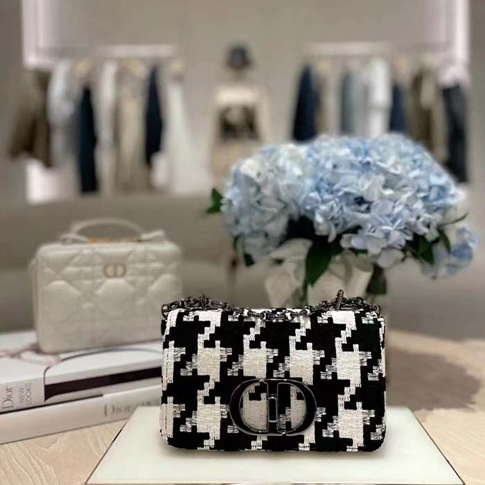 Dior Women Small Dior Caro Bag Black White Macro Houndstooth Fabric