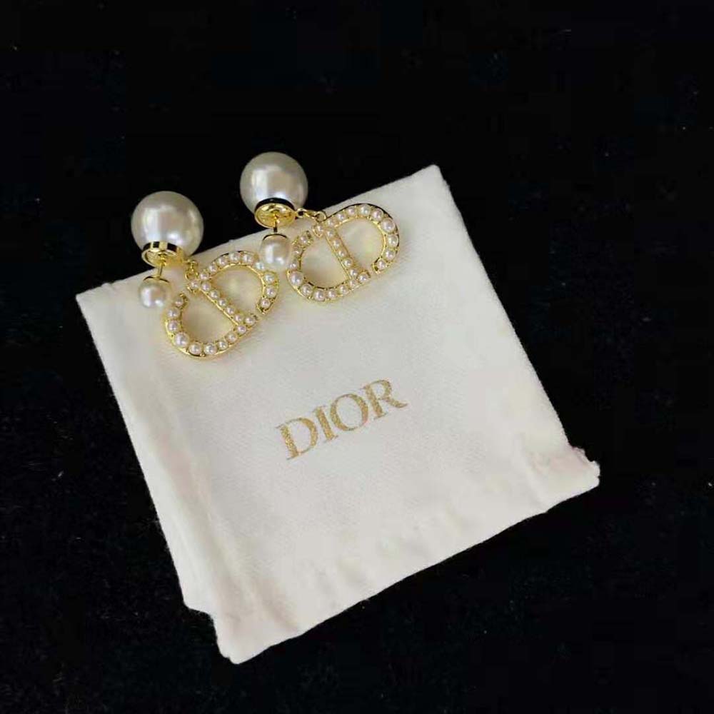 Dior Women Tribales Earrings Gold-Finish Metal and White Resin Pearls