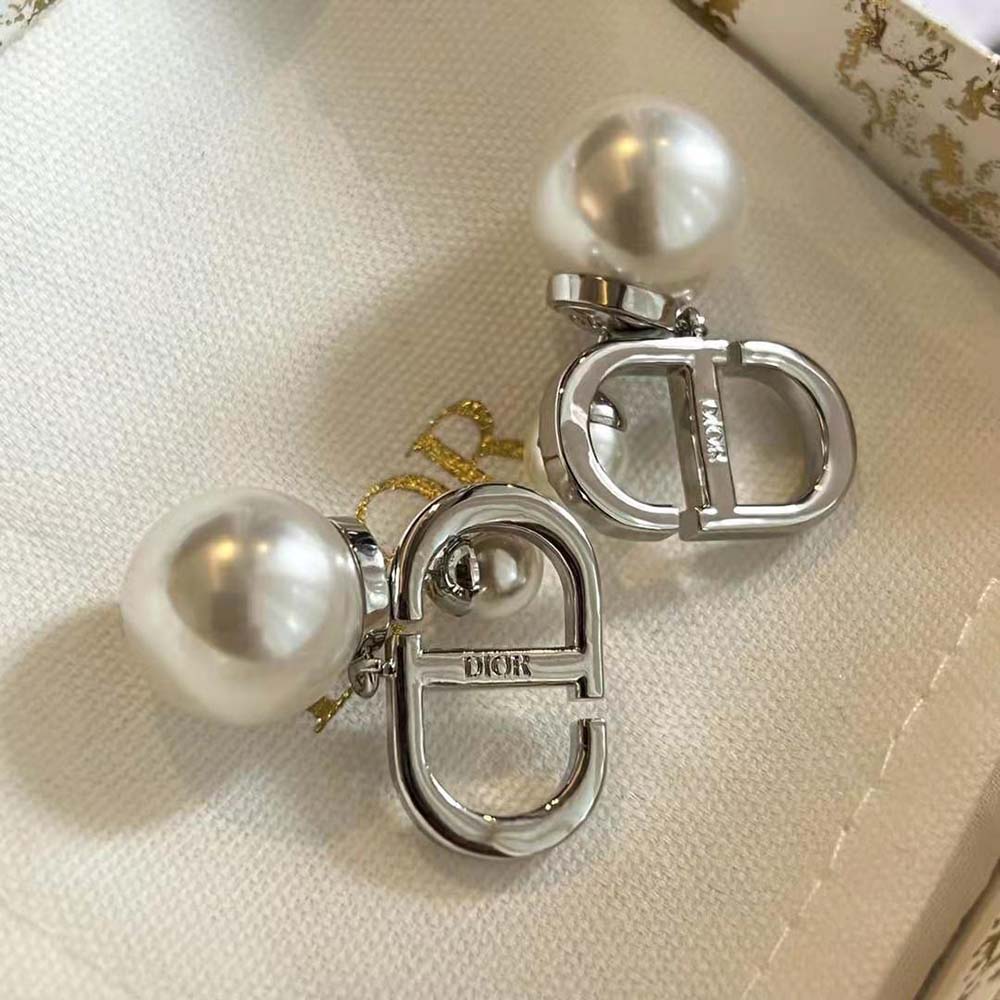 Dior Women Tribales Earrings Silver-Finish Metal with White Resin Pearls and Silver-Tone Crystals