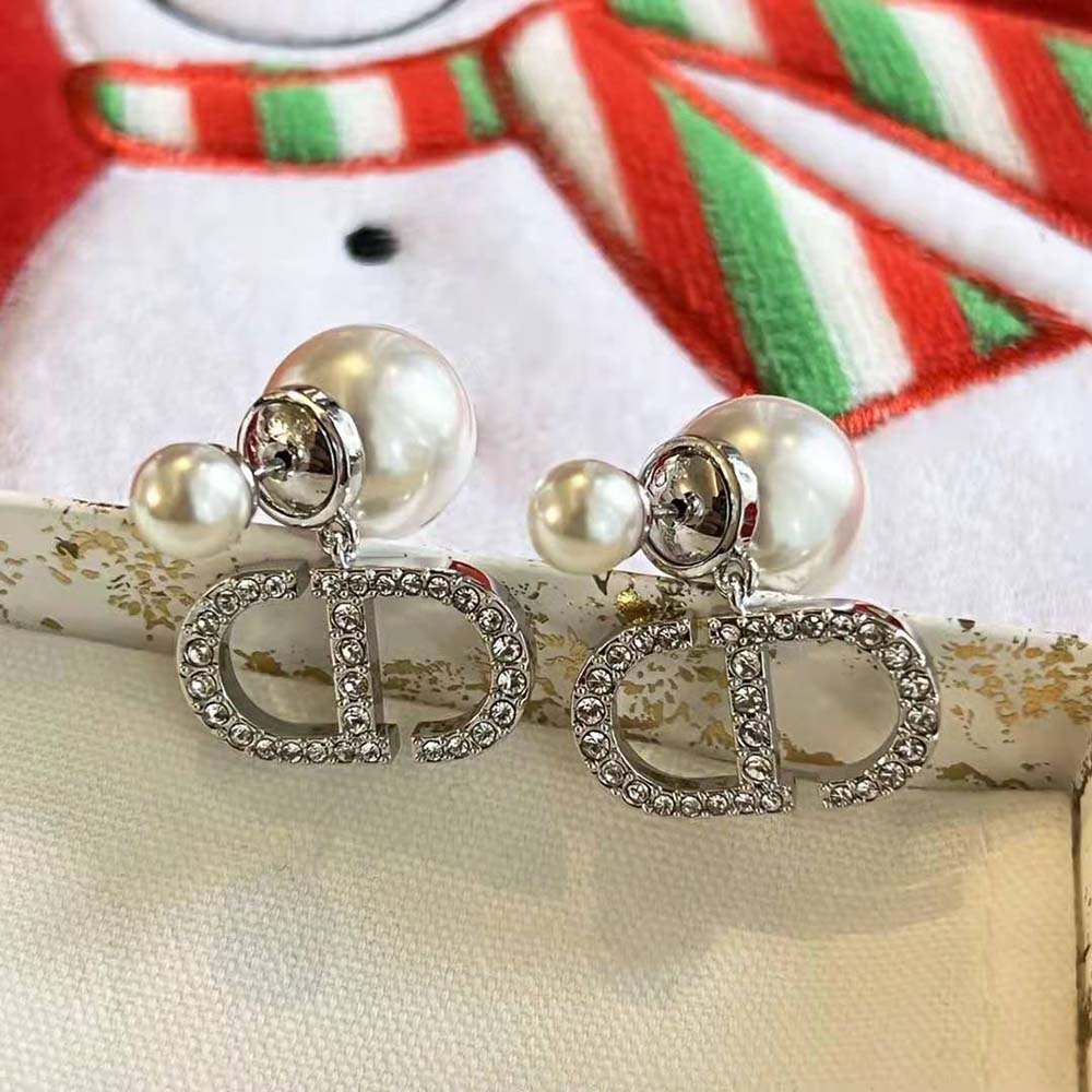 Dior Women Tribales Earrings Silver-Finish Metal with White Resin Pearls and Silver-Tone Crystals