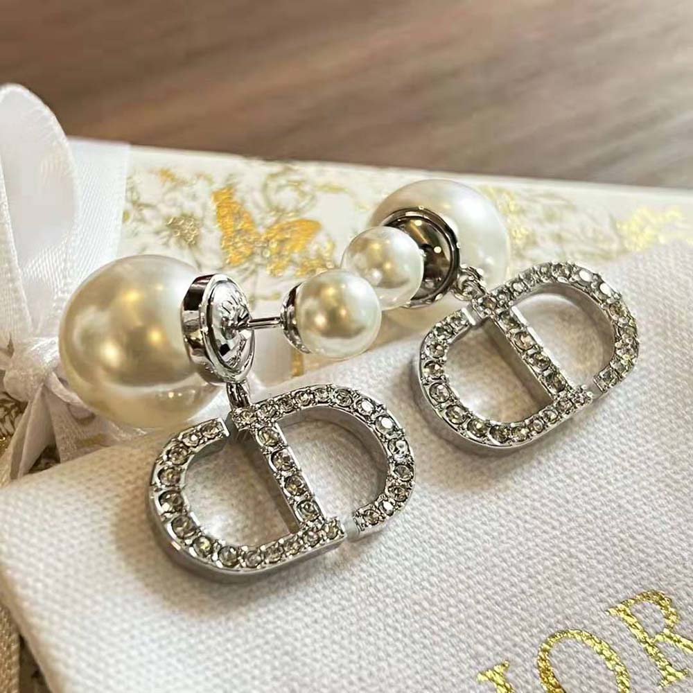 Dior Women Tribales Earrings Silver-Finish Metal with White Resin Pearls and Silver-Tone Crystals