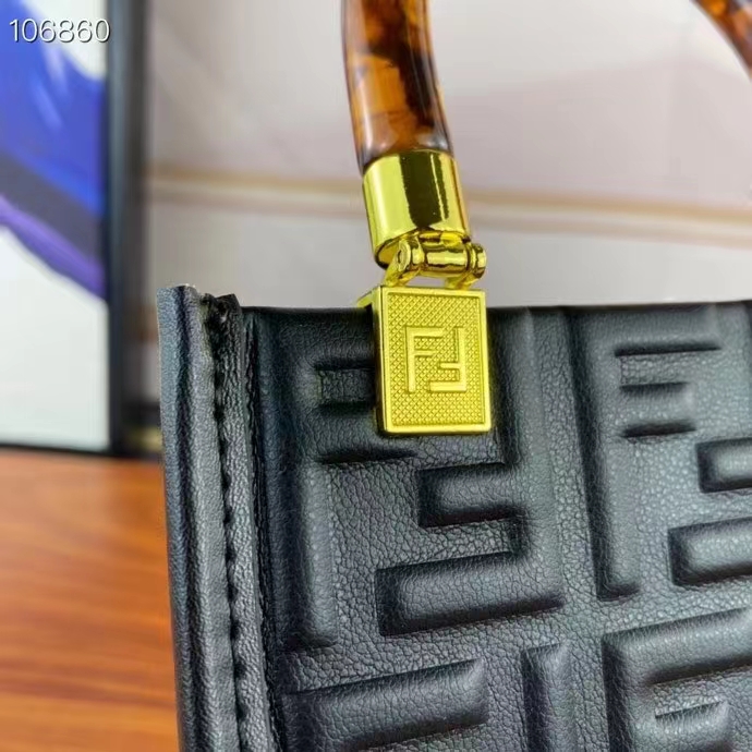 Fendi Women FF Mini Sunshine Shopper Black Leather Mini Bag