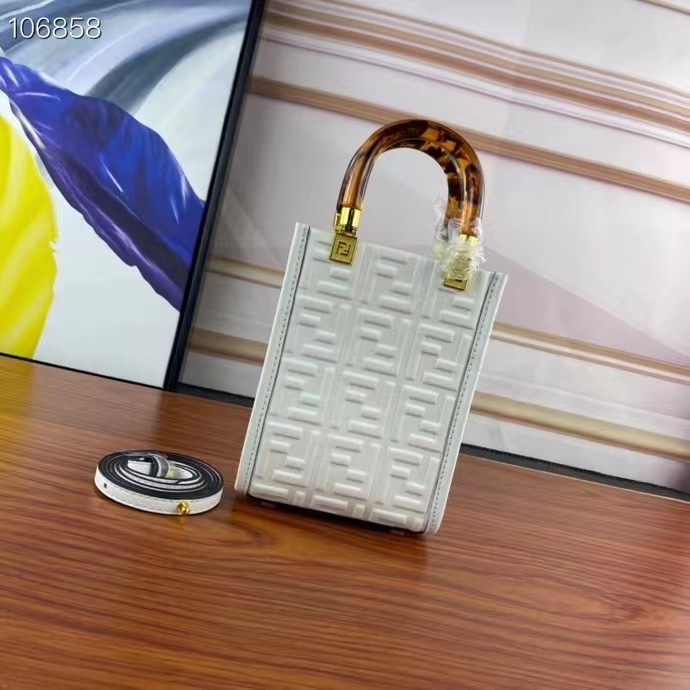 Fendi Women FF Mini Sunshine Shopper White Leather Mini Bag