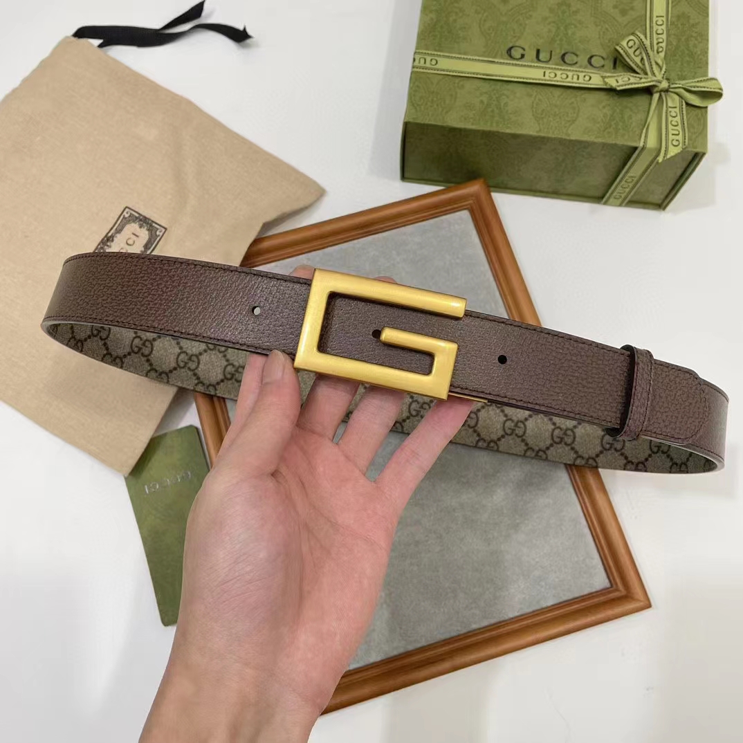 G*u*i gg unisex reversible belt square g buckle beige ebony gg supreme canvas