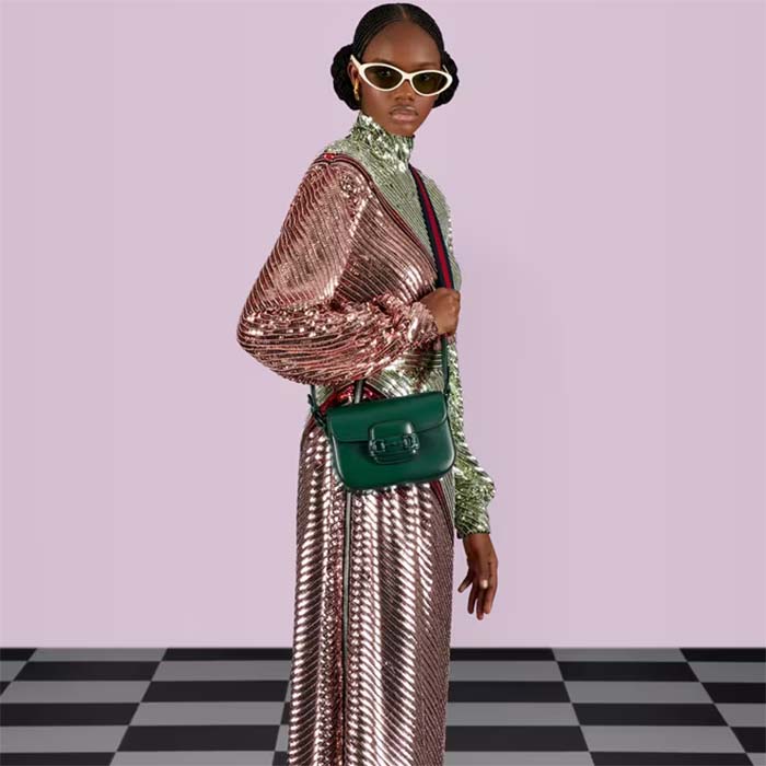 G*u*i gg women horsebit 1955 small shoulder bag green leather horsebit detail