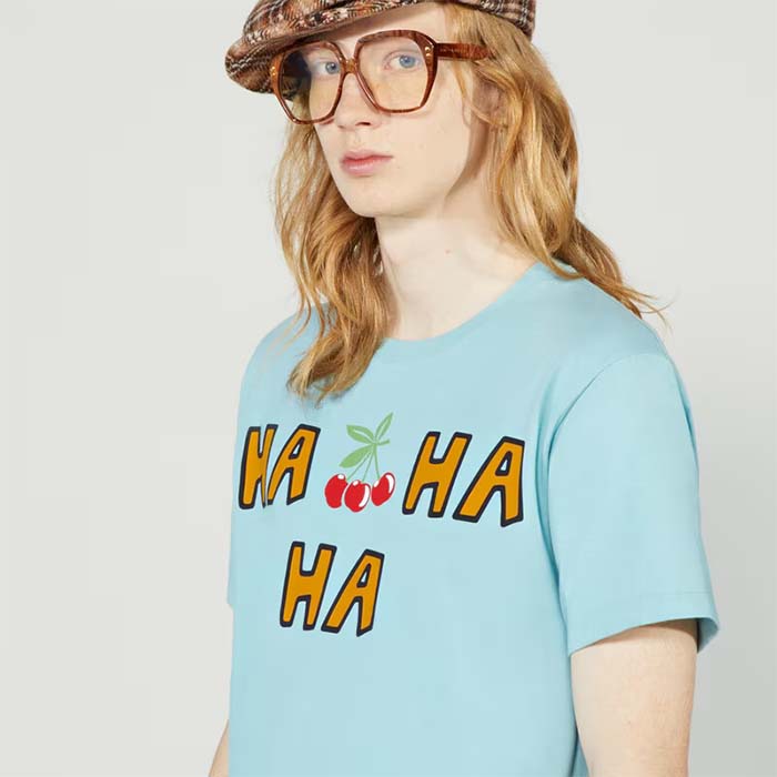 G*u*i men gg ha ha ha cherry t-shirt light blue medium cotton jersey crewneck