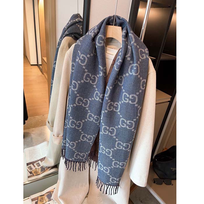 G*u*i unisex gg cashmere jacquard scarf blue beige gg cashmere jacquard