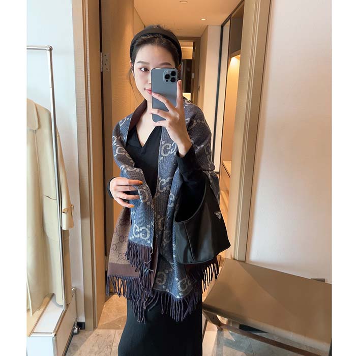 G*u*i unisex gg cashmere jacquard scarf blue beige gg cashmere jacquard
