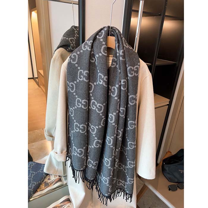G*u*i unisex gg cashmere jacquard scarf blue beige gg cashmere jacquard