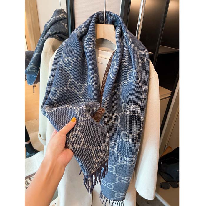 G*u*i unisex gg cashmere jacquard scarf blue beige gg cashmere jacquard