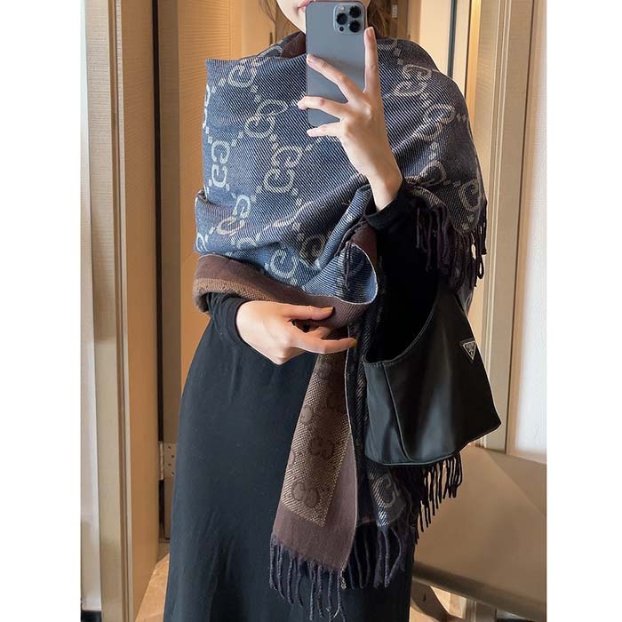 G*u*i unisex gg cashmere jacquard scarf blue beige gg cashmere jacquard