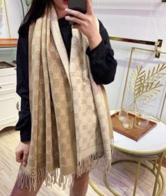 G*u*i unisex gg jacquard knitted scarf light brown fringe edges
