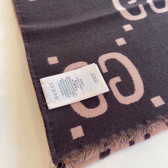 G*u*i unisex gg jacquard wool silk scarf brown beige gg jacquard wool silk
