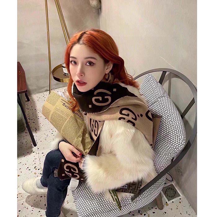 G*u*i unisex gg jacquard wool silk scarf brown beige gg jacquard wool silk